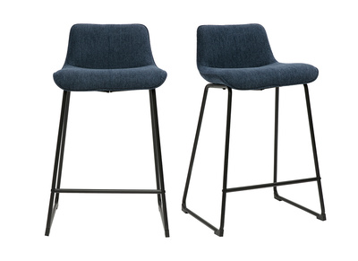 Tabourets de bar en tissu effet velours textur&eacute; bleu fonc&eacute; et m&eacute;tal H65 cm (lot de 2) BOOST