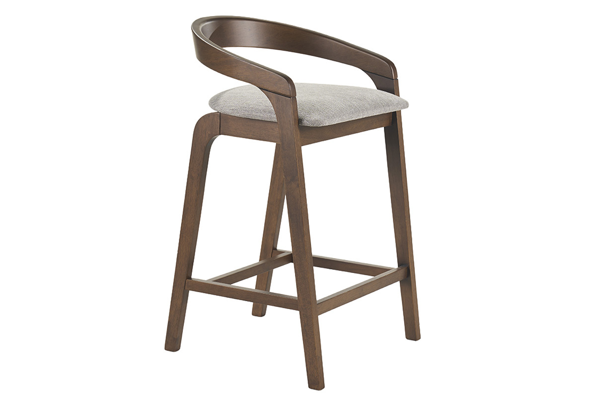 Tabouret de bar en tissu gris et bois fonc�, vue de 3/4.