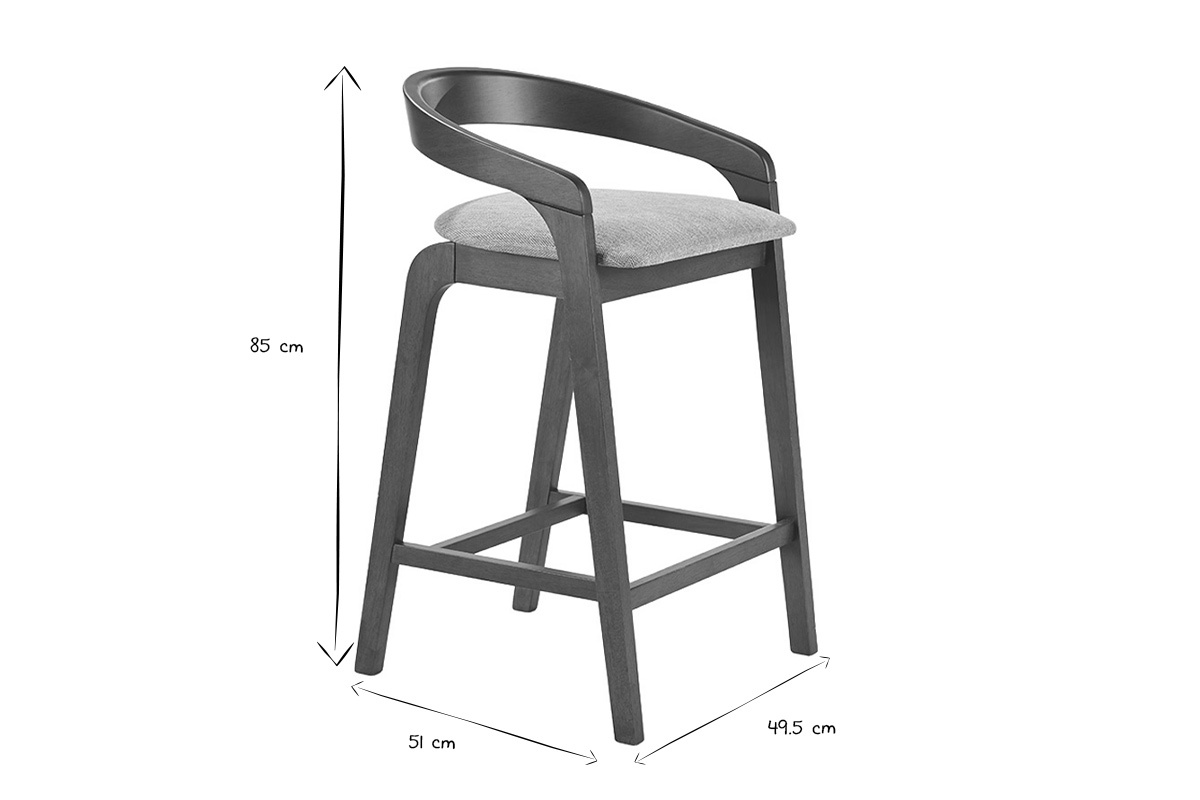 Dimensions d'un tabouret PULSO en noir et blanc, hauteur 85 cm, largeur 51 cm, profondeur 49,5 cm.