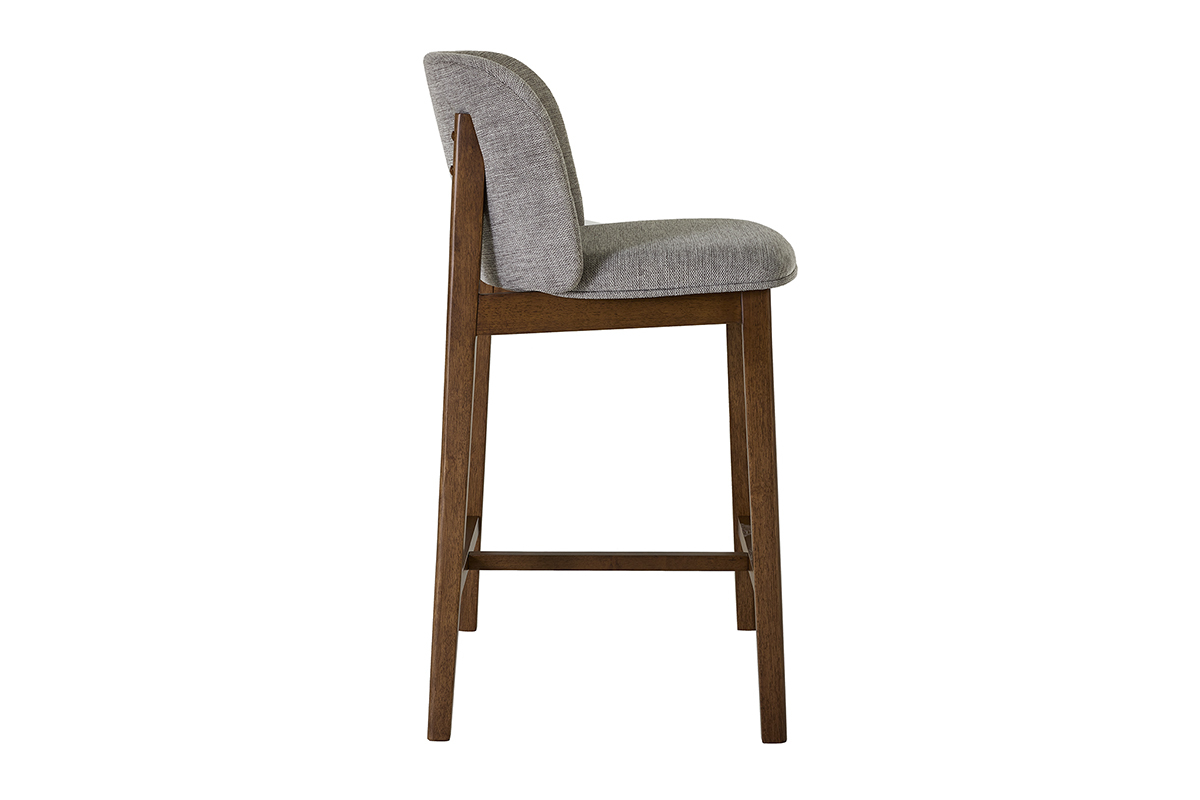 Tabouret de bar en tissu gris et bois fonc�, vue lat�rale.