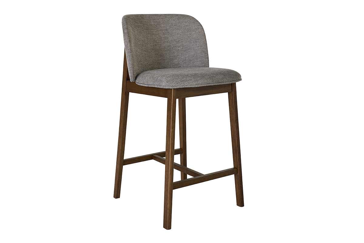 Tabouret de bar en tissu gris et bois fonc�, vue de 3/4.