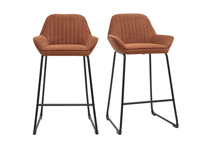 Tabourets de bar en tissu effet velours textur&eacute; terre br&ucirc;l&eacute;e et m&eacute;tal noir H68 cm (lot de 2) RONNIE