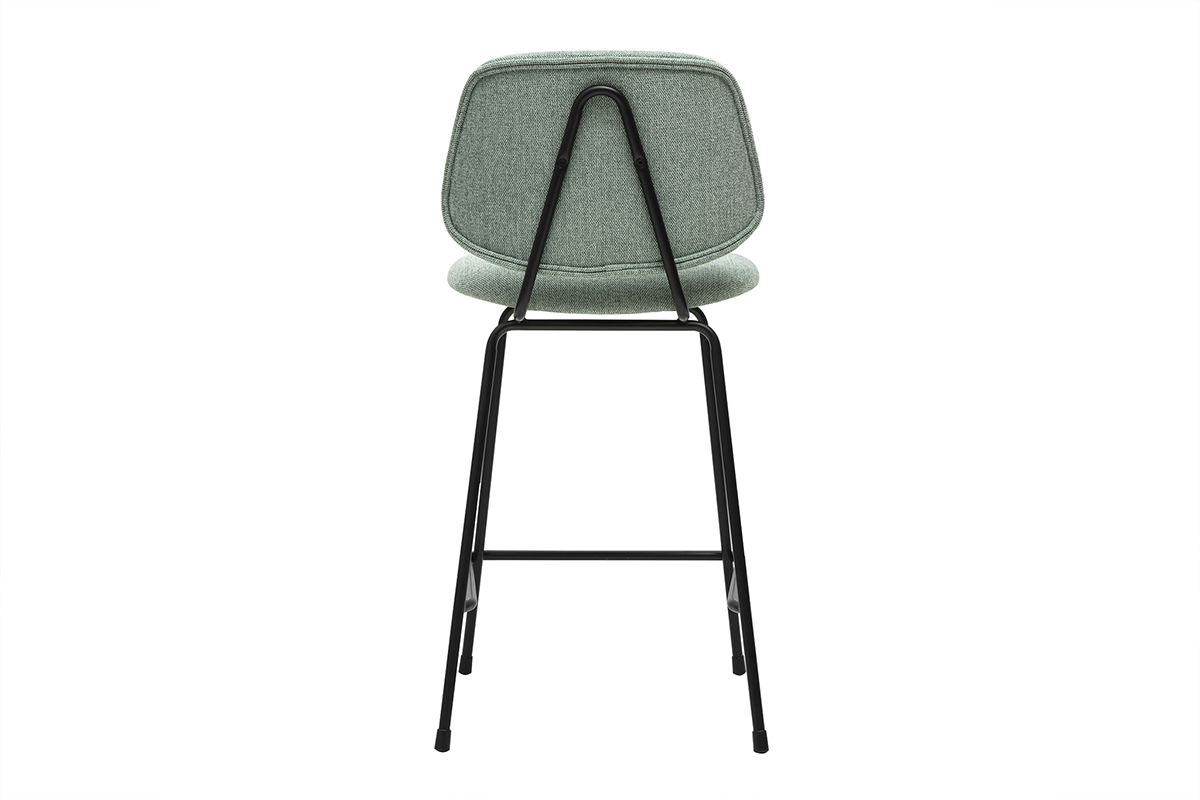 Tabouret de bar vert c�ladon en tissu et m�tal vu de dos.