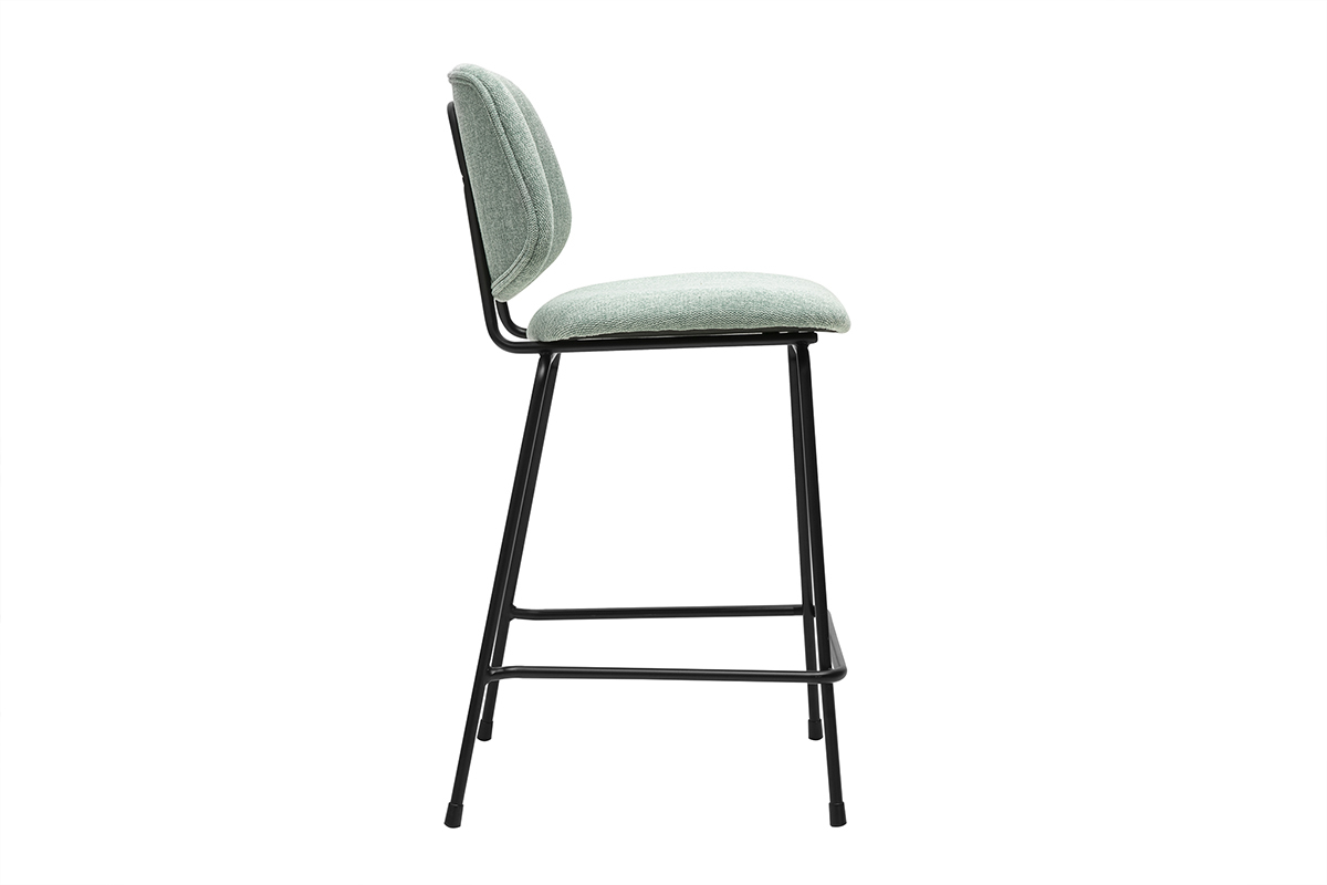 Tabouret de bar vert c�ladon en tissu et m�tal, vue de c�t�.