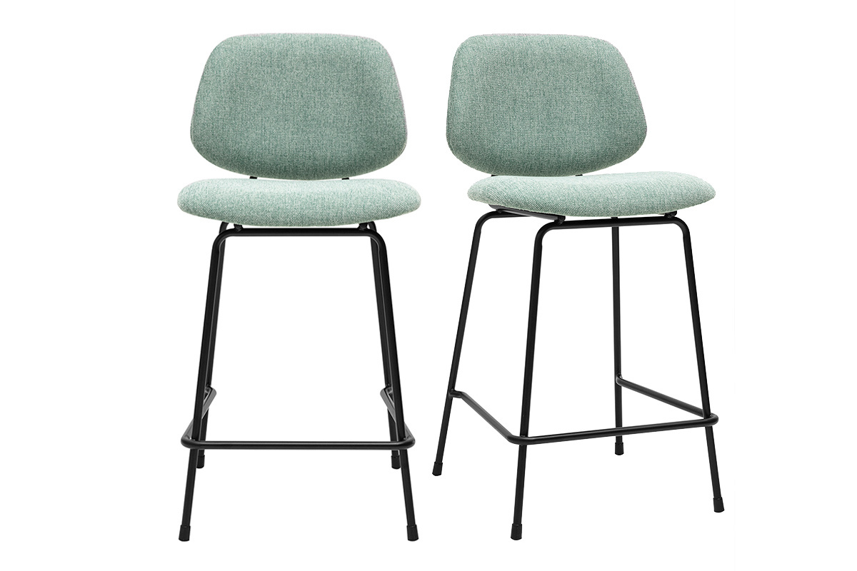 Tabourets de bar vert c�ladon en tissu effet velours et m�tal noir, vue de face.