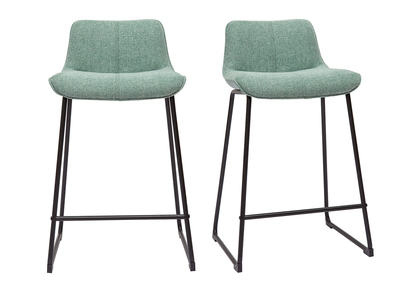 Tabourets de bar en tissu effet velours textur&eacute; vert c&eacute;ladon et m&eacute;tal noir H65 cm (lot de 2) BOOST