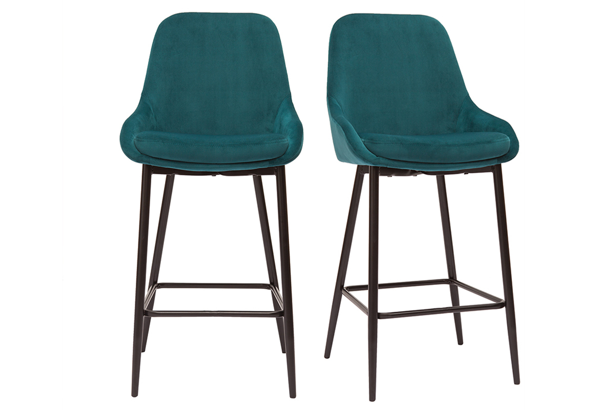 Tabourets de bar en tissu velours bleu p�trole et m�tal noir H65 cm (lot de 2) HOLO