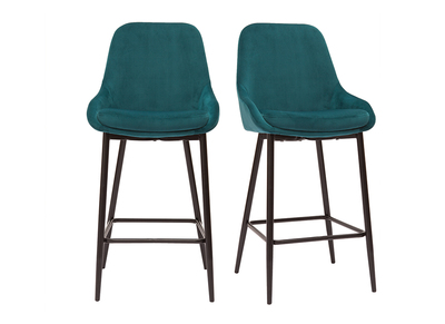 Tabourets de bar en tissu velours bleu p&eacute;trole et m&eacute;tal noir H65 cm (lot de 2) HOLO