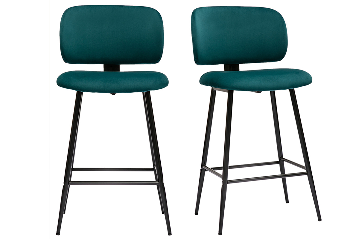 Tabourets de bar en tissu velours bleu p�trole et m�tal noir H70 cm (lot de 2) ATRIUM