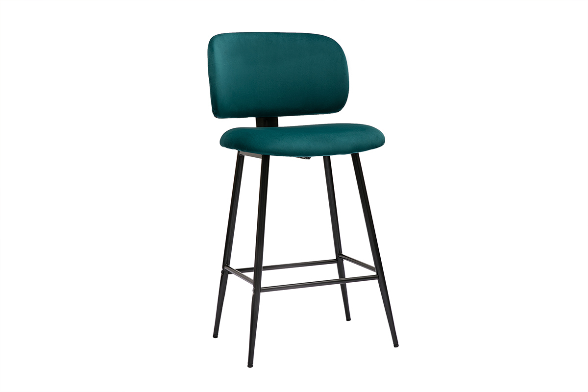 Tabourets de bar en tissu velours bleu p�trole et m�tal noir H70 cm (lot de 2) ATRIUM