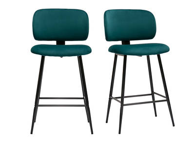 Tabourets de bar en tissu velours bleu p&eacute;trole et m&eacute;tal noir H70 cm (lot de 2) ATRIUM