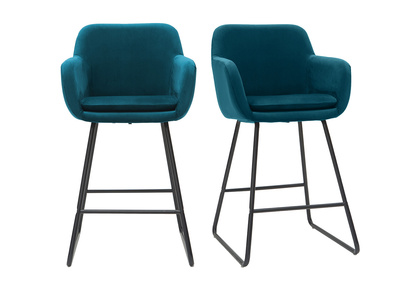 Tabourets de bar en velours bleu p&eacute;trole H65 cm (lot de 2) AMIKA