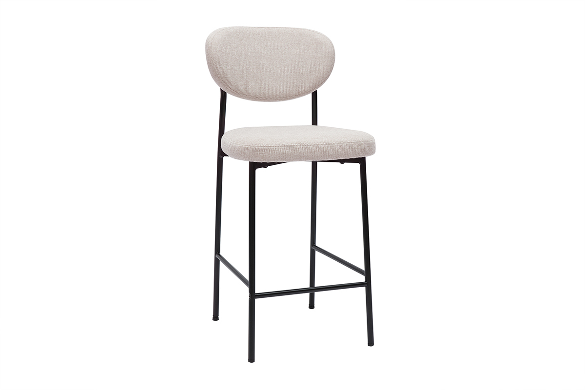 Tabouret de bar en tissu effet velours beige et m�tal noir, vue de 3/4.