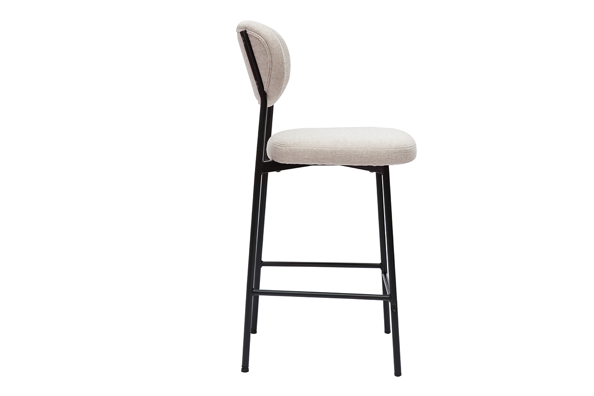 Tabouret de bar BREKA en tissu beige, vue de profil, avec pi�tement noir.
