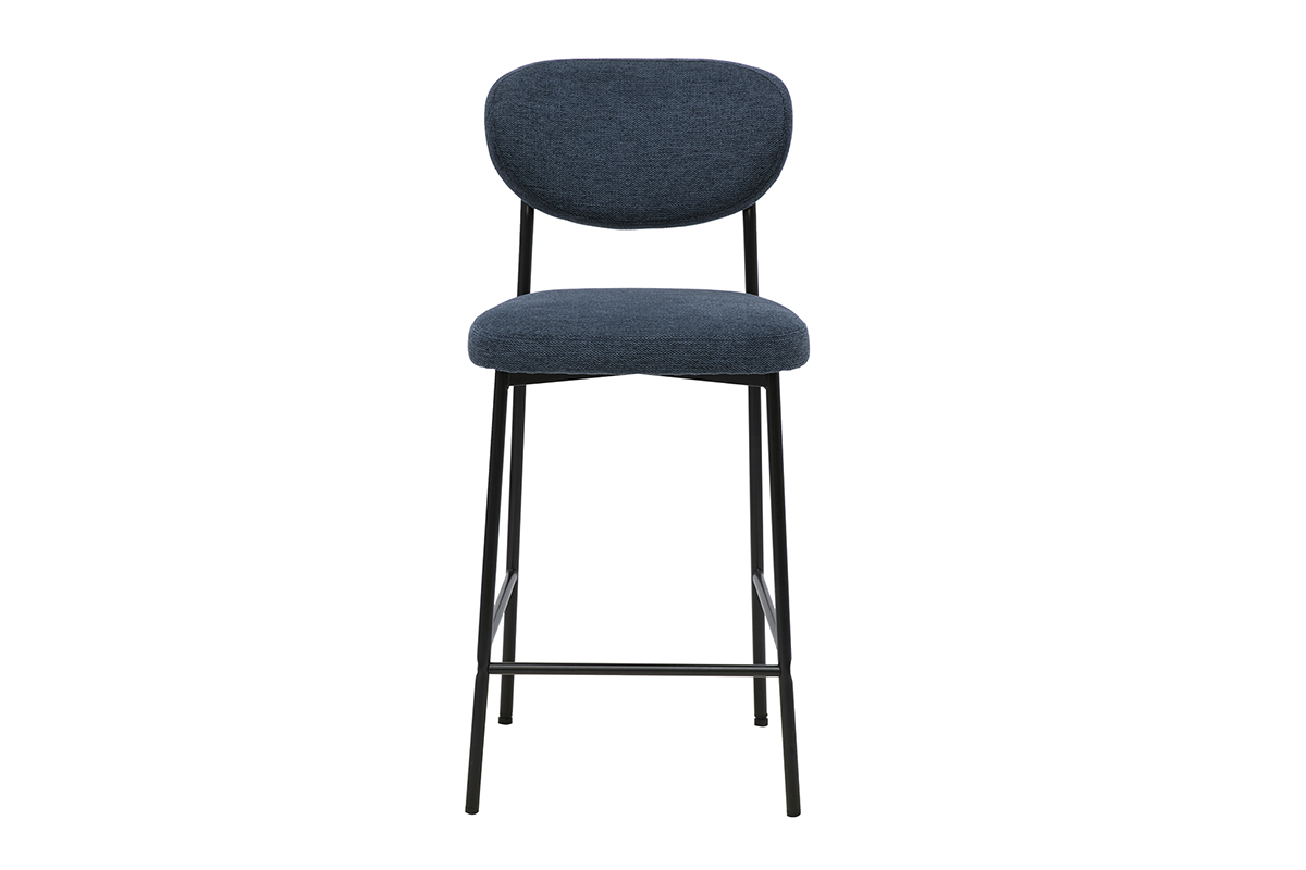 Tabouret de bar fixe en tissu bleu fonc� avec pi�tement en m�tal noir, vue de face, H65 cm.
