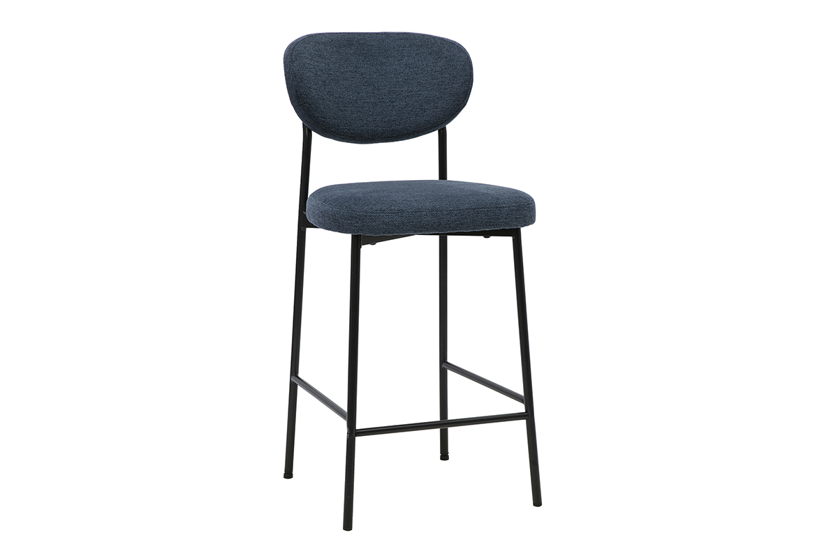 Tabouret de bar fixe en tissu velours textur� bleu fonc� avec pi�tement m�tal noir, H65 cm.