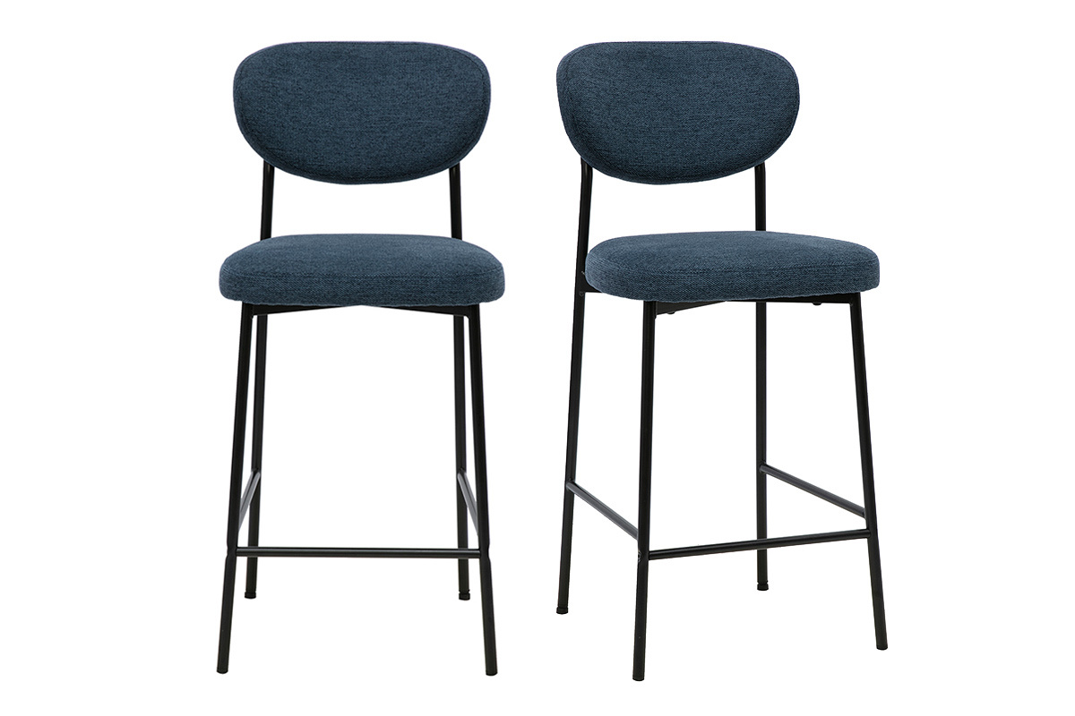 Lot de 2 tabourets de bar fixes en tissu effet velours bleu fonc�, pi�tement en m�tal noir, H65 cm
