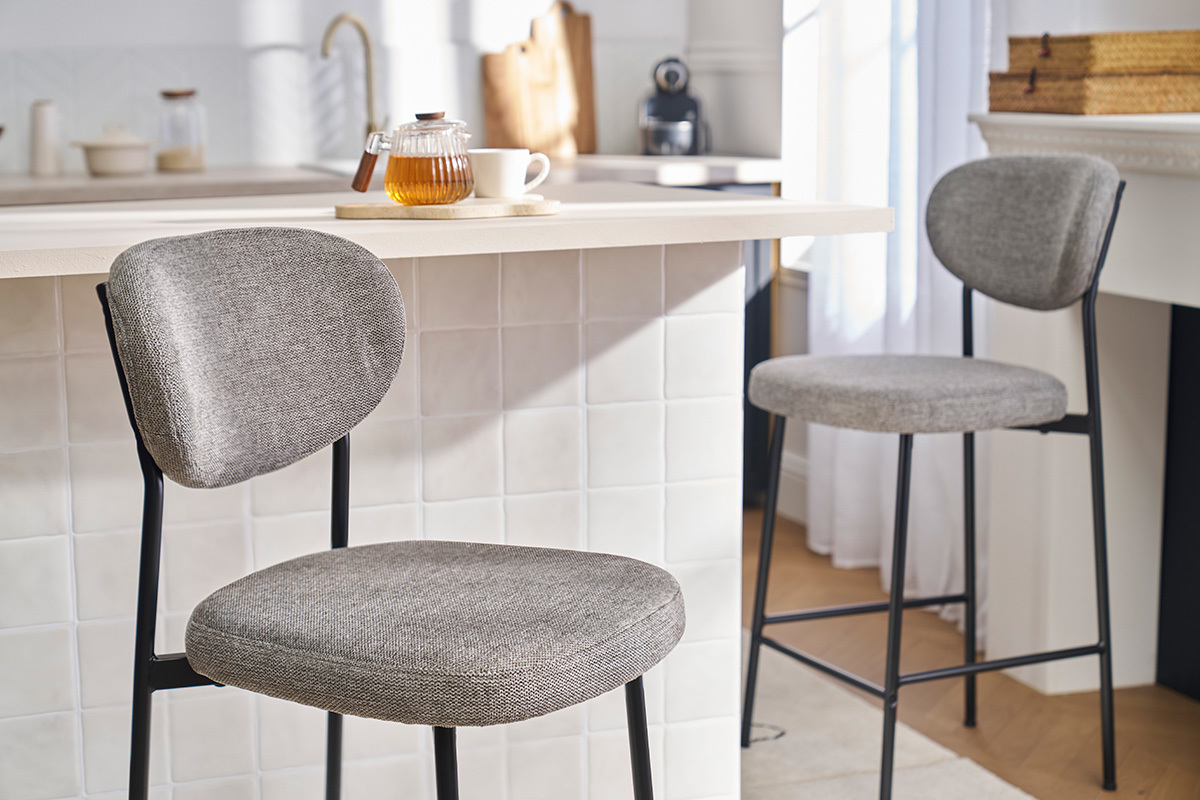 Tabourets de bar fixes en tissu effet velours textur� gris clair H65 cm (lot de 2) BREKA