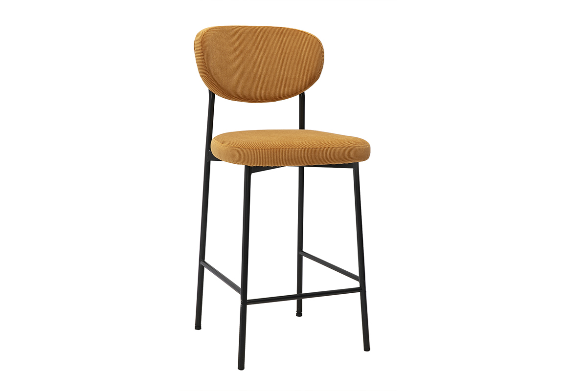 Tabouret de bar fixe en tissu velours c�tel� jaune curry, vue de 3/4, H65 cm