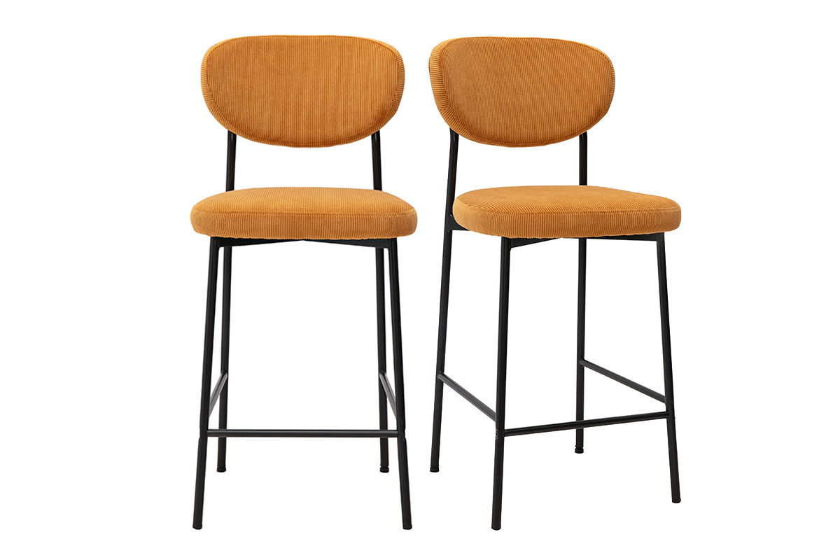 Lot de 2 tabourets de bar fixes en tissu velours c�tel� jaune curry H65 cm, vue de face.