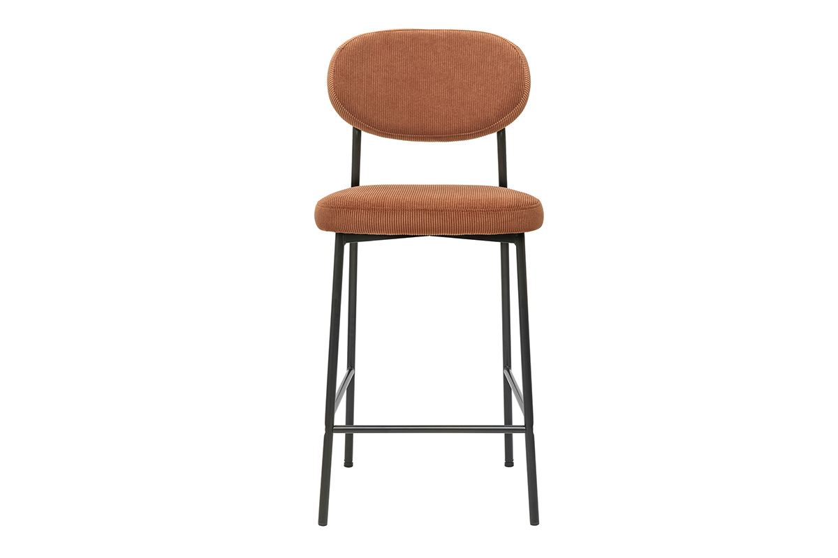 Tabouret de bar velours terre br�l�e avec pi�tement m�tal noir, vue de face.