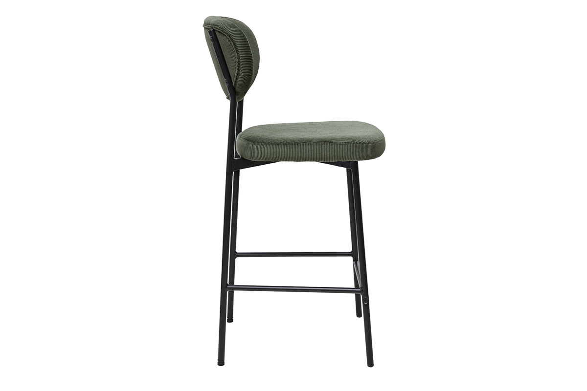 Tabourets de bar verts en velours c�tel� et m�tal noir, lot de 2, H65 cm, mod�le BREKA.