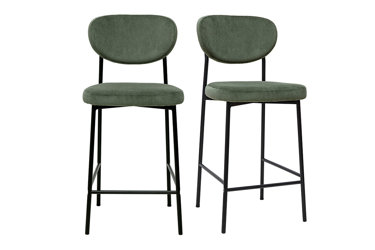 Tabourets de bar en tissu velours vert kaki et m�tal noir, design moderne, lot de 2, 65 cm hauteur