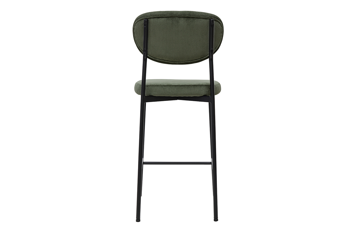 Tabourets de bar en velours c�tel� vert kaki et m�tal noir H65 cm BREKA, lot de 2.