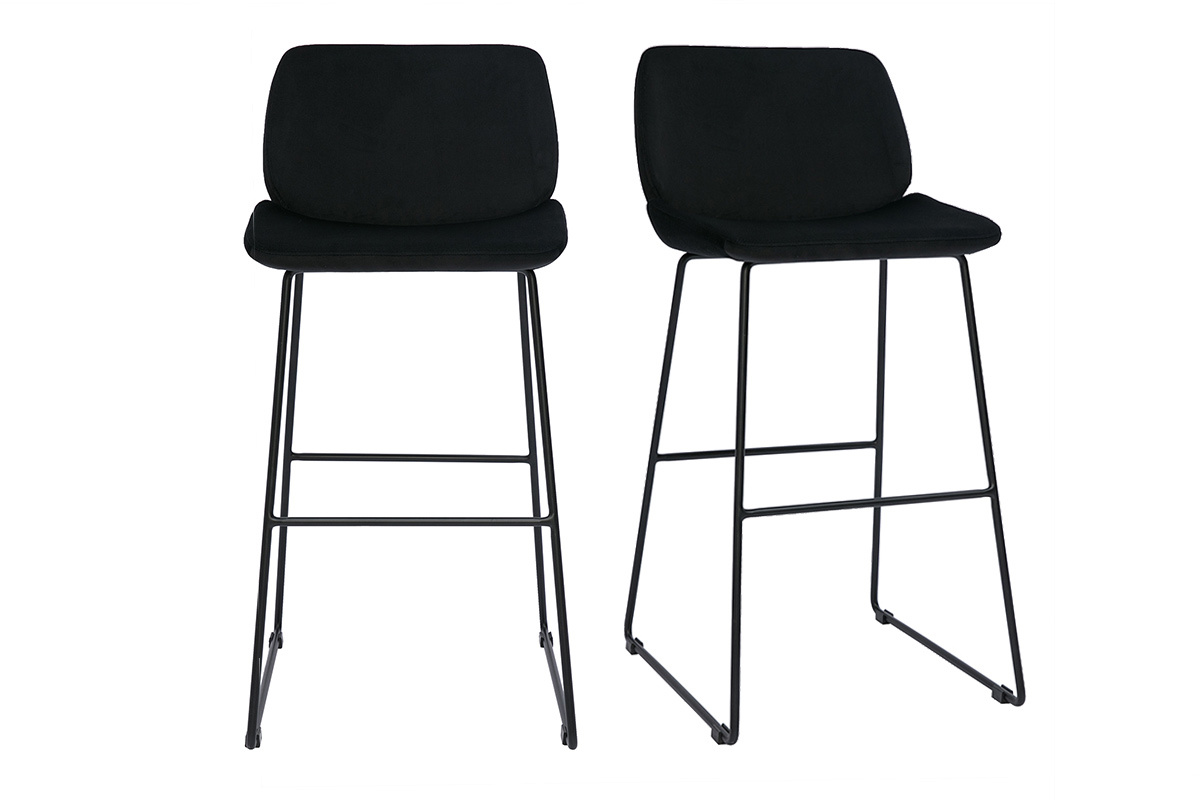 Tabourets de bar fixes en tissu velours noir pieds m�tal noir H65 (lot de 2) KAOLY