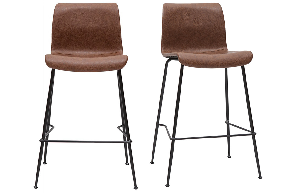 Tabourets de bar fixes marron aspect vieilli et m�tal noir H65 cm (lot de 2) HAROLD