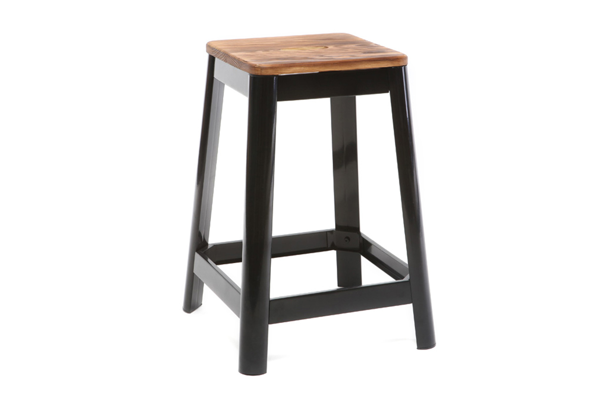 Tabourets de bar industriels en m�tal noir et bois H65 cm (lot de 2) NICK