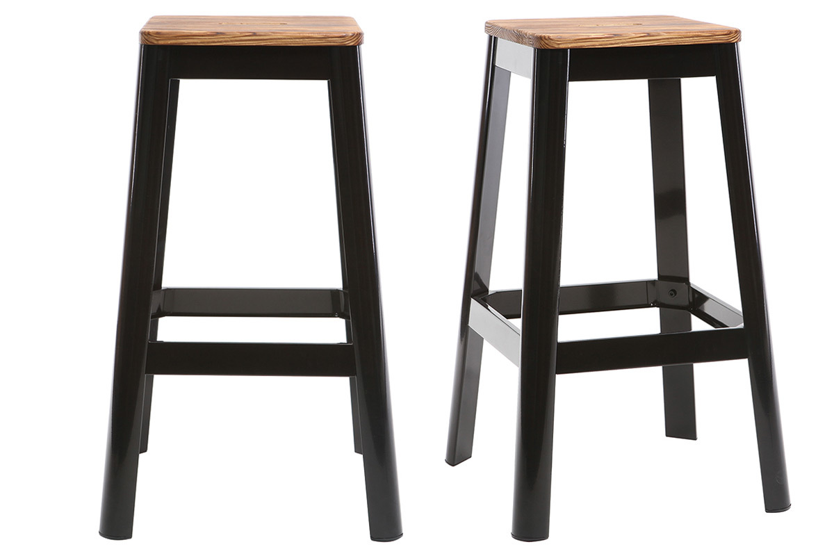 Tabourets de bar industriels en m�tal noir et bois H75 cm (lot de 2) NICK