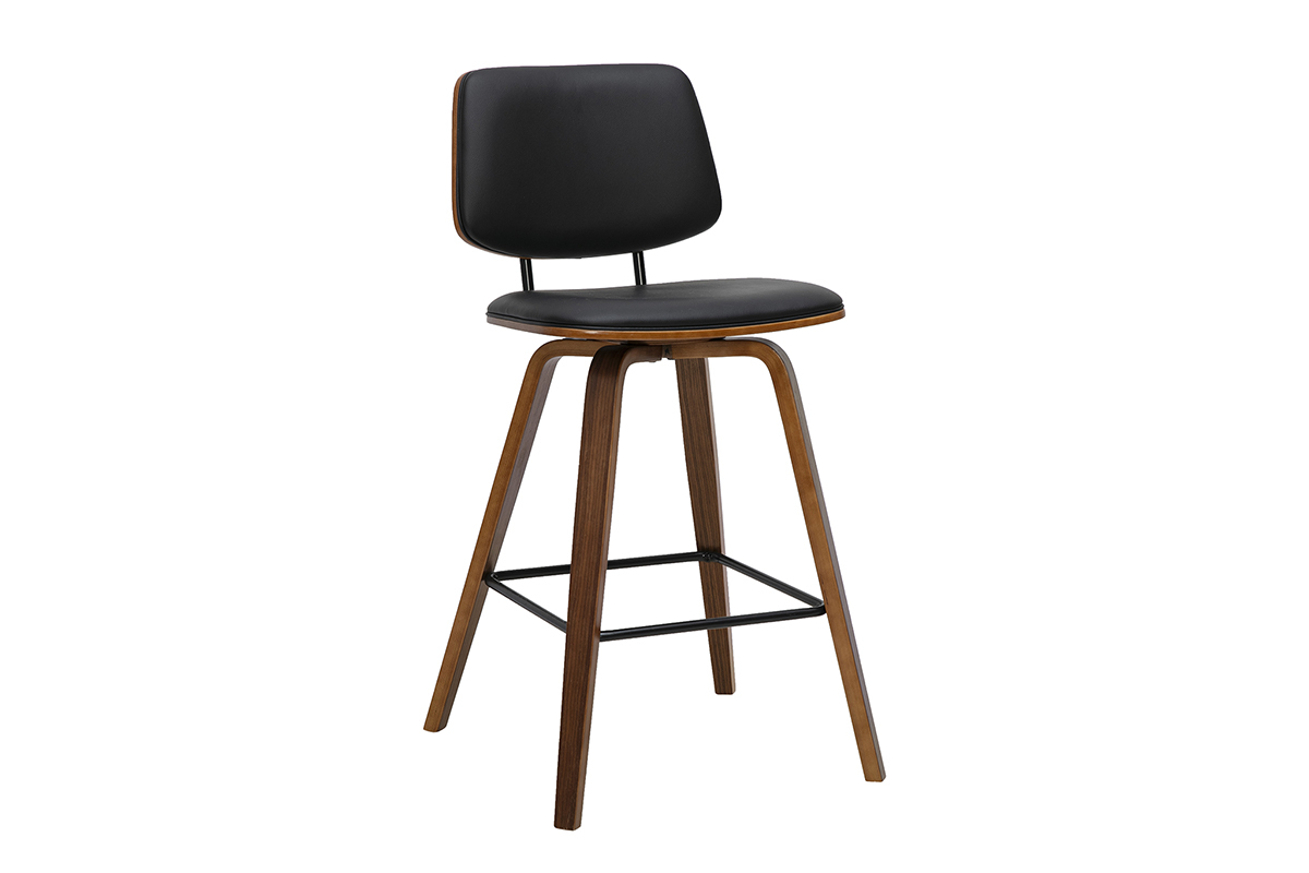 Tabouret de bar noir et bois fonc�, vue de 3/4, H66 cm, style contemporain