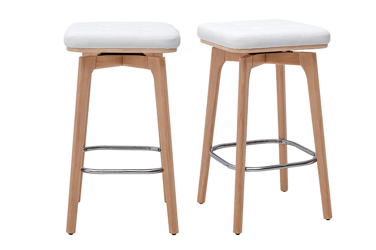 Lot de 2 tabourets de bar pivotants blancs et bois clair, vue de face