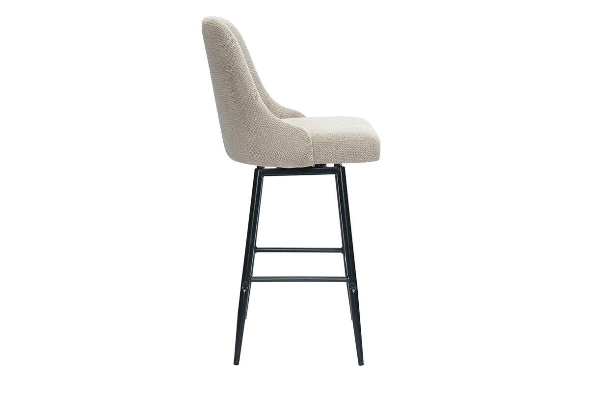 Tabouret de bar pivotant beige en tissu et m�tal noir, vue de profil.