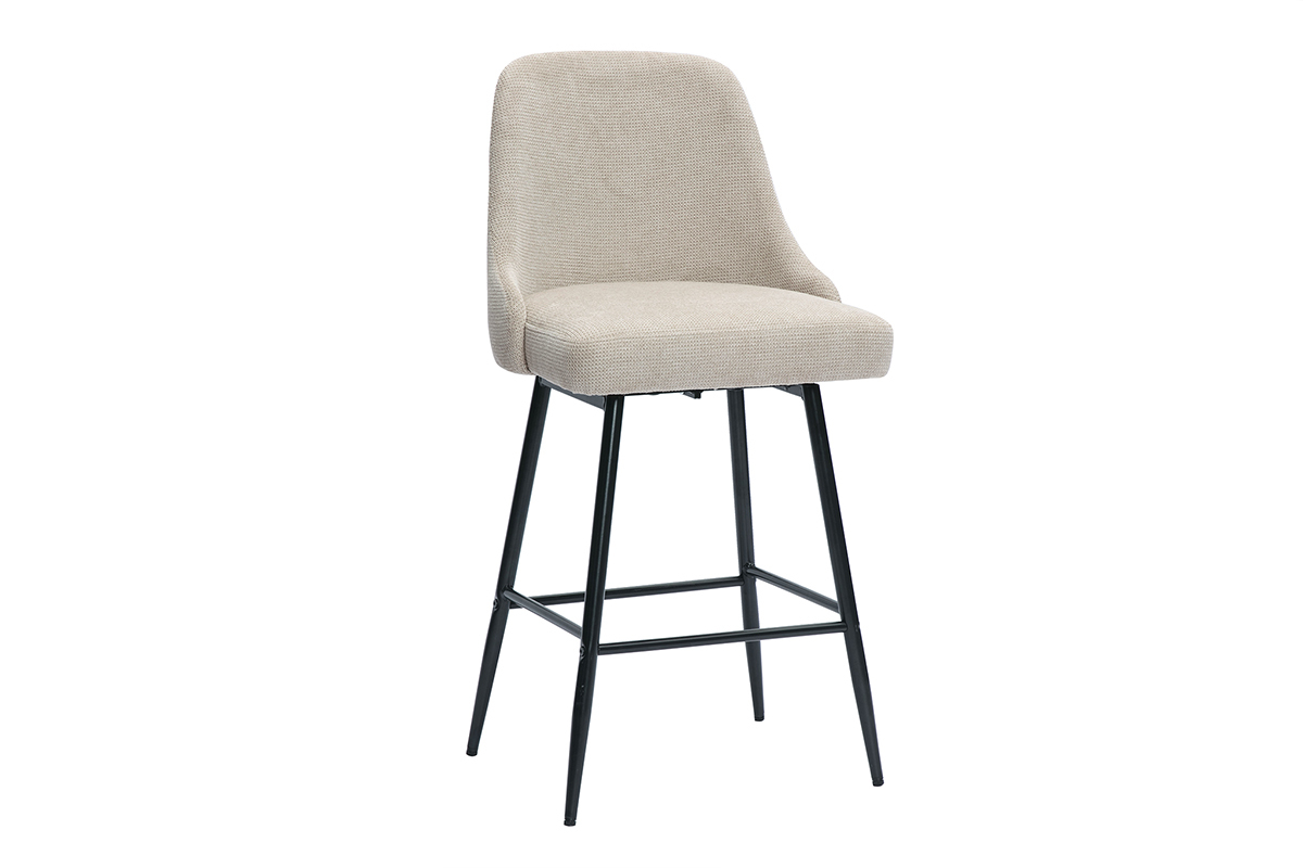 Tabouret de bar beige en tissu chenille avec pieds en m�tal noir, vue de c�t�.