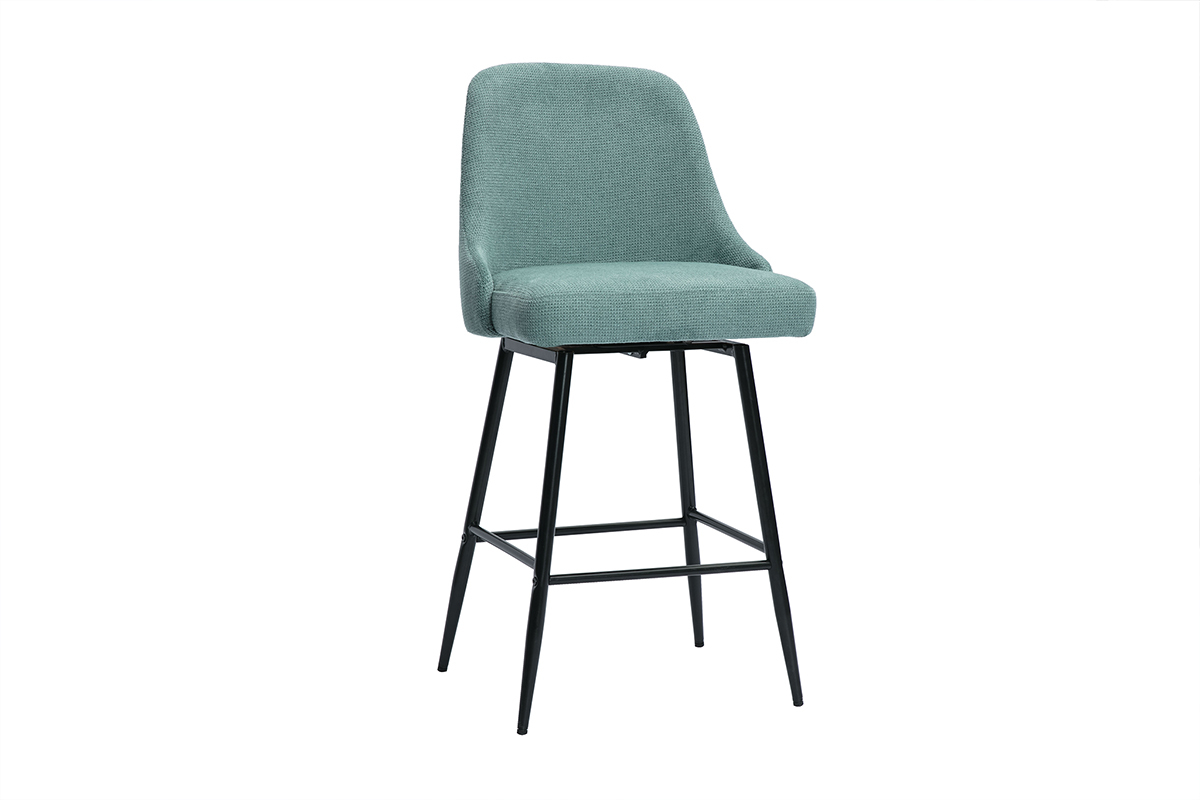 Tabouret de bar en tissu vert c�ladon et m�tal noir, vue de 3/4.