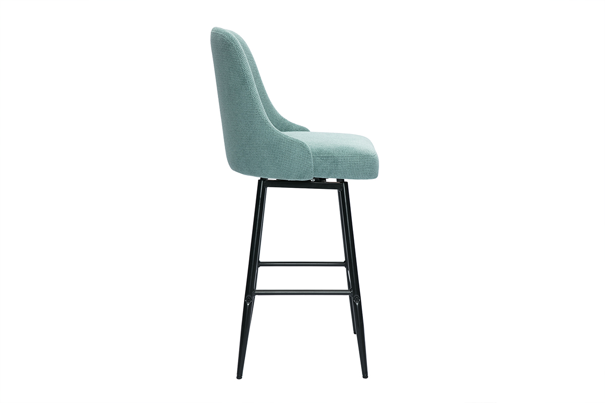 Tabouret pivotant en tissu vert c�ladon, vue de c�t�, structure en m�tal noir.