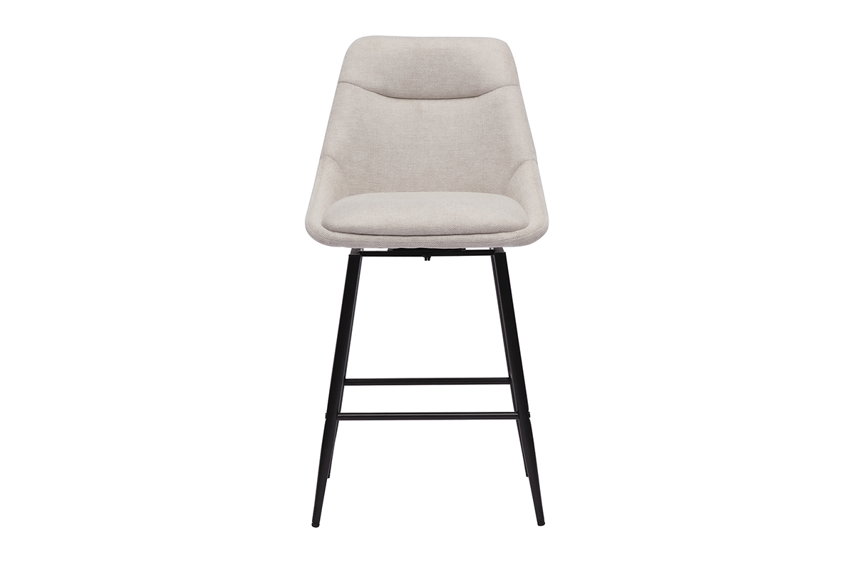 Tabouret de bar en tissu beige effet velours, vue de face, structure m�tallique noire.