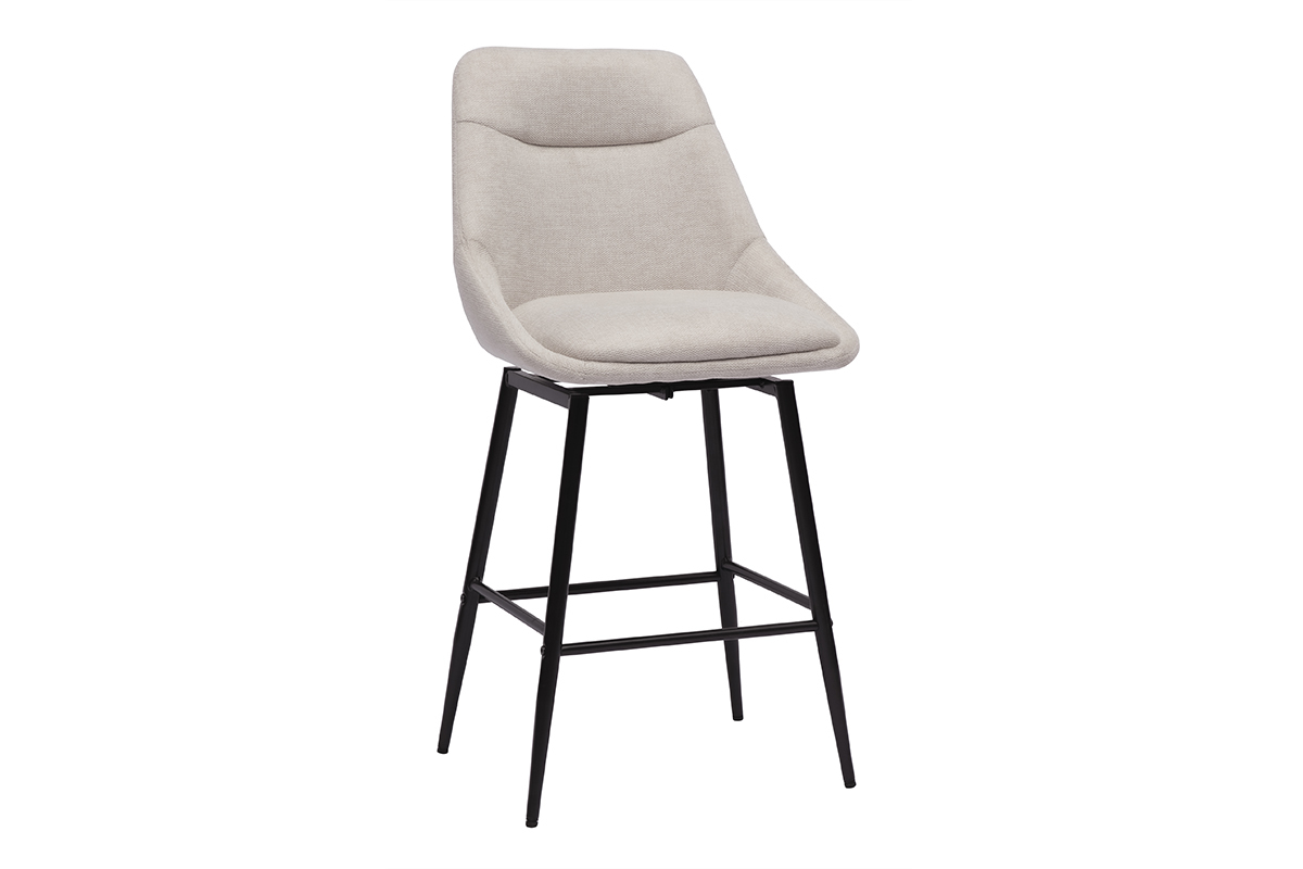 Tabouret de bar pivotant en tissu beige et m�tal, vue de 3/4.