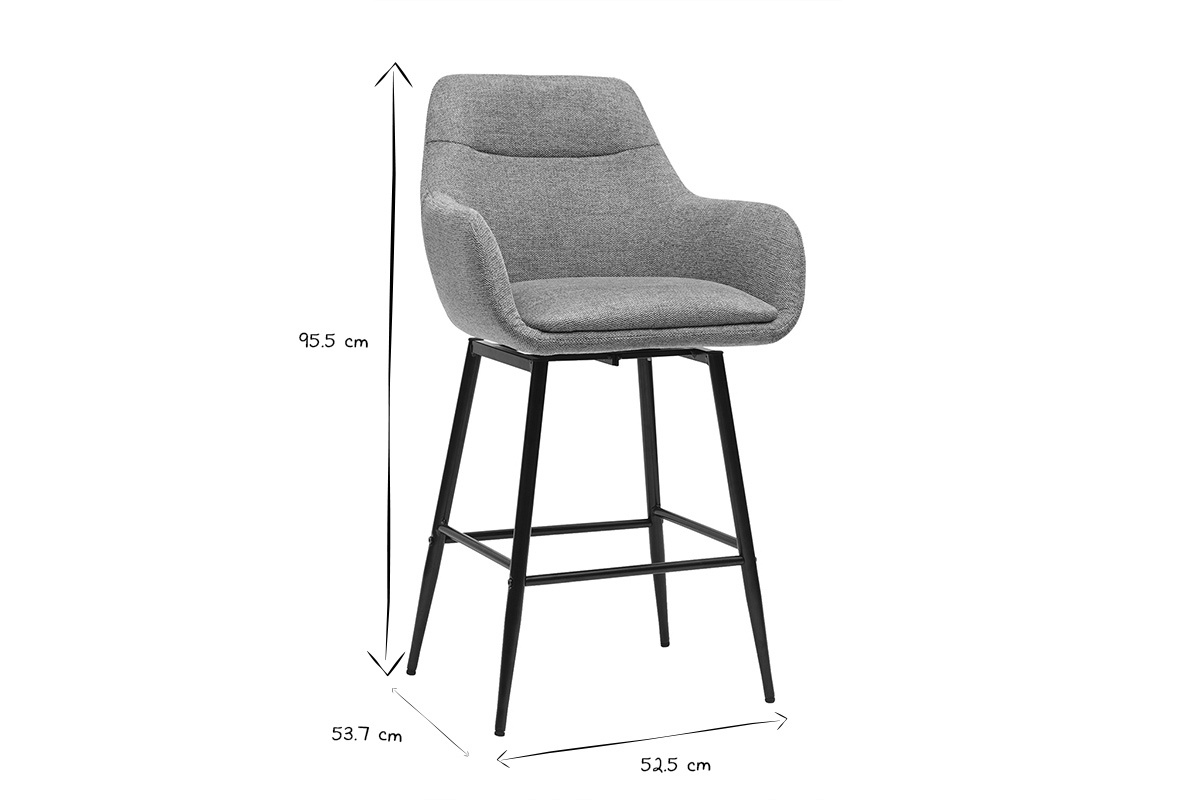 Chaise haute avec accoudoirs, dimensions 95,5x53,7x52,5 cm, vue de 3/4, en noir et blanc.