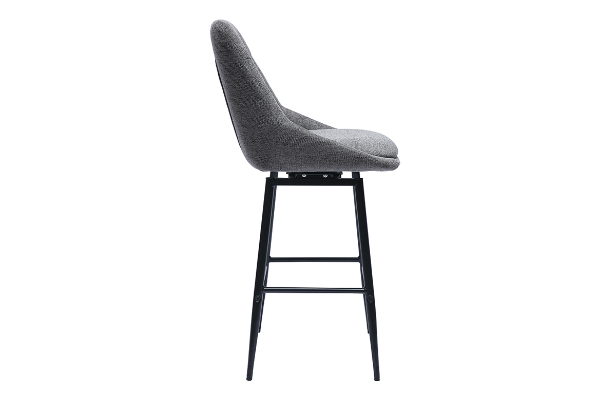 Tabouret de bar gris pivotant en tissu et m�tal, vue de profil.