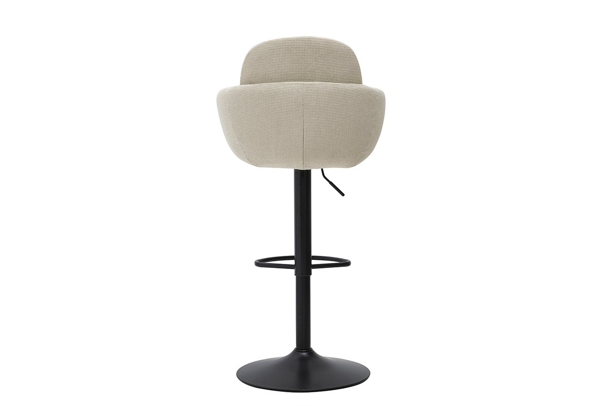 Tabouret de bar en tissu beige, pivotant � 360� avec base en m�tal noir, vue de dos.