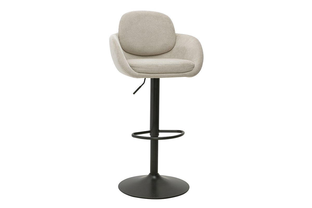 Tabouret de bar r�glable pivotant 360� en tissu effet velours beige et m�tal noir, vue de 3/4.