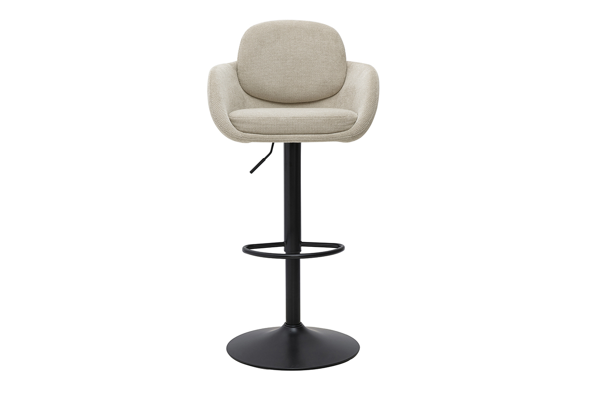 Tabouret de bar r�glable pivotant 360�, tissu velours beige et m�tal noir, vue de face.