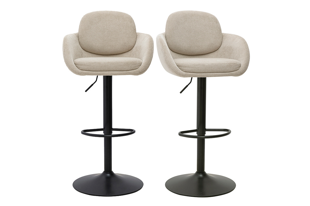 Lot de 2 tabourets de bar r�glables en tissu beige et m�tal noir, vue de face