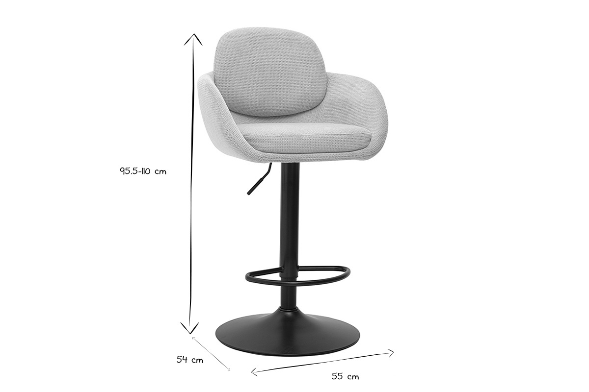 Dimensions des tabourets de bar r�glables en noir et blanc : hauteur 95,5-110 cm, assise 54 cm, diam�tre 55 cm.