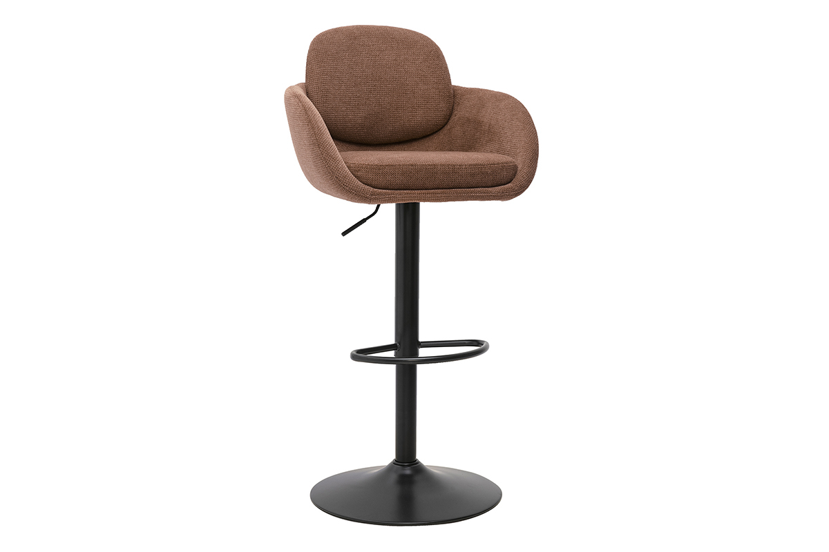 Tabouret de bar r�glable pivotant 360� en tissu chenille terre br�l�e et m�tal noir, vue de 3/4.
