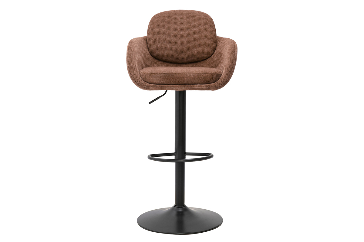 Tabouret de bar r�glable pivotant 360� en tissu chenille terre br�l�e et m�tal noir, vue de face.