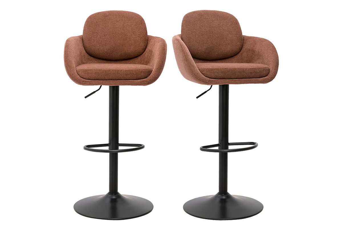 Lot de 2 tabourets de bar r�glables en tissu chenille terre br�l�e et m�tal noir, vue de face.